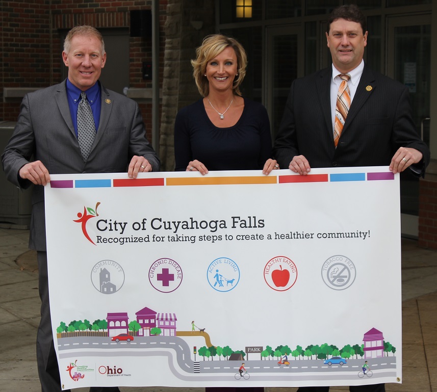 Mayor Walters with Western Reserve Hospital's Johanna Tanno and Cuyahoga Falls School Superintendent Dr. Todd Nichols