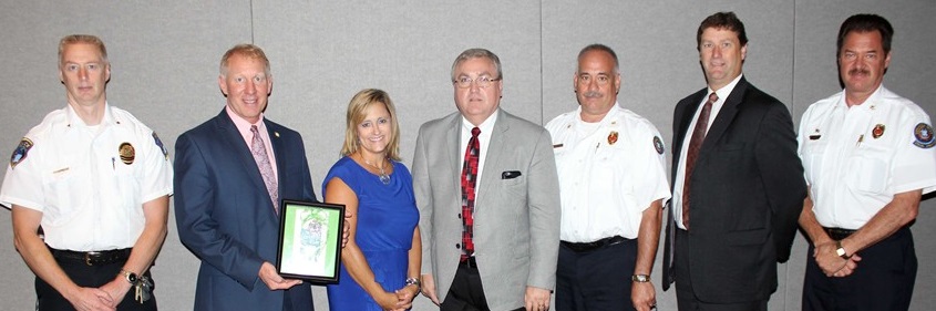  Police Chief Jack Davis; Mayor Don Walters; Kathy Romito, Community Outreach Manager, Western Reserve Hospital; Woodridge Schools Superindendent Walter Davis; Fire Chief Paul Moledor; Cuyahoga Falls Schools Superintendent Dr. Todd Nichols; and Assistant Fire Chief Fred Jackson